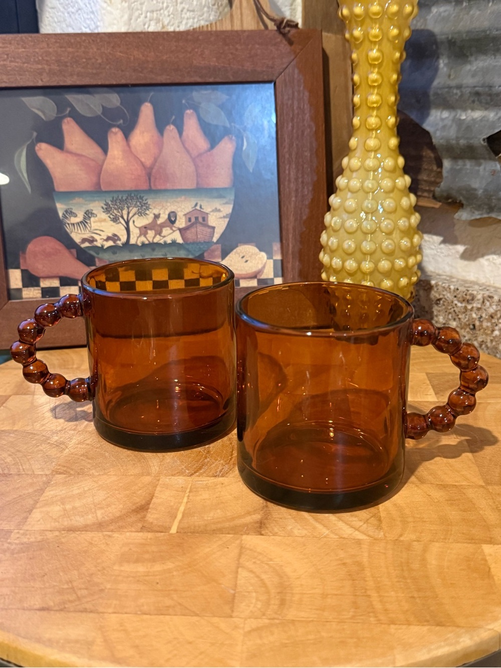 Set of 2 Vintage Amber Glass Bubble Handle Mugs | Retro Coffee Cups